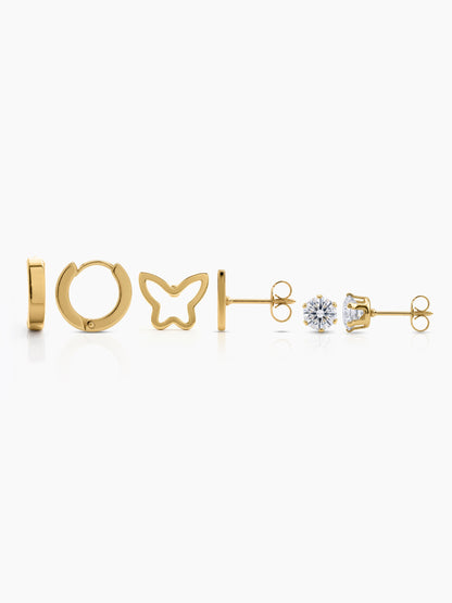 Zarela Butterfly Charms Round Diamond 18K Gold Plated Women's Stud, Hoop Earrings Set