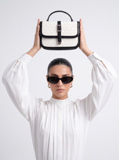 Zavira Black - White Leather Sling Bag - Swashaa