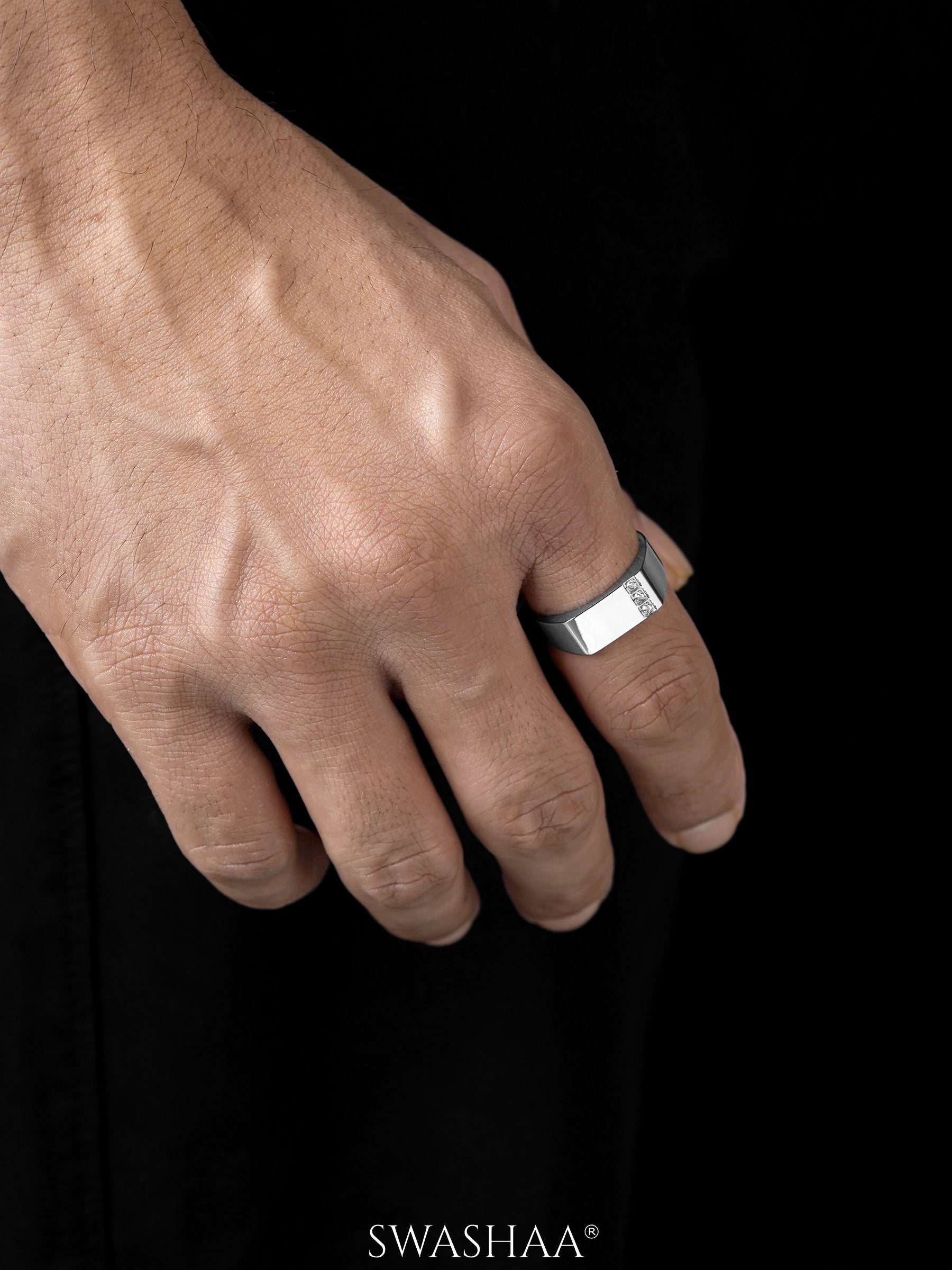 Zayen Diamond CZ Diamond Signet Rectangular Band Men's Ring