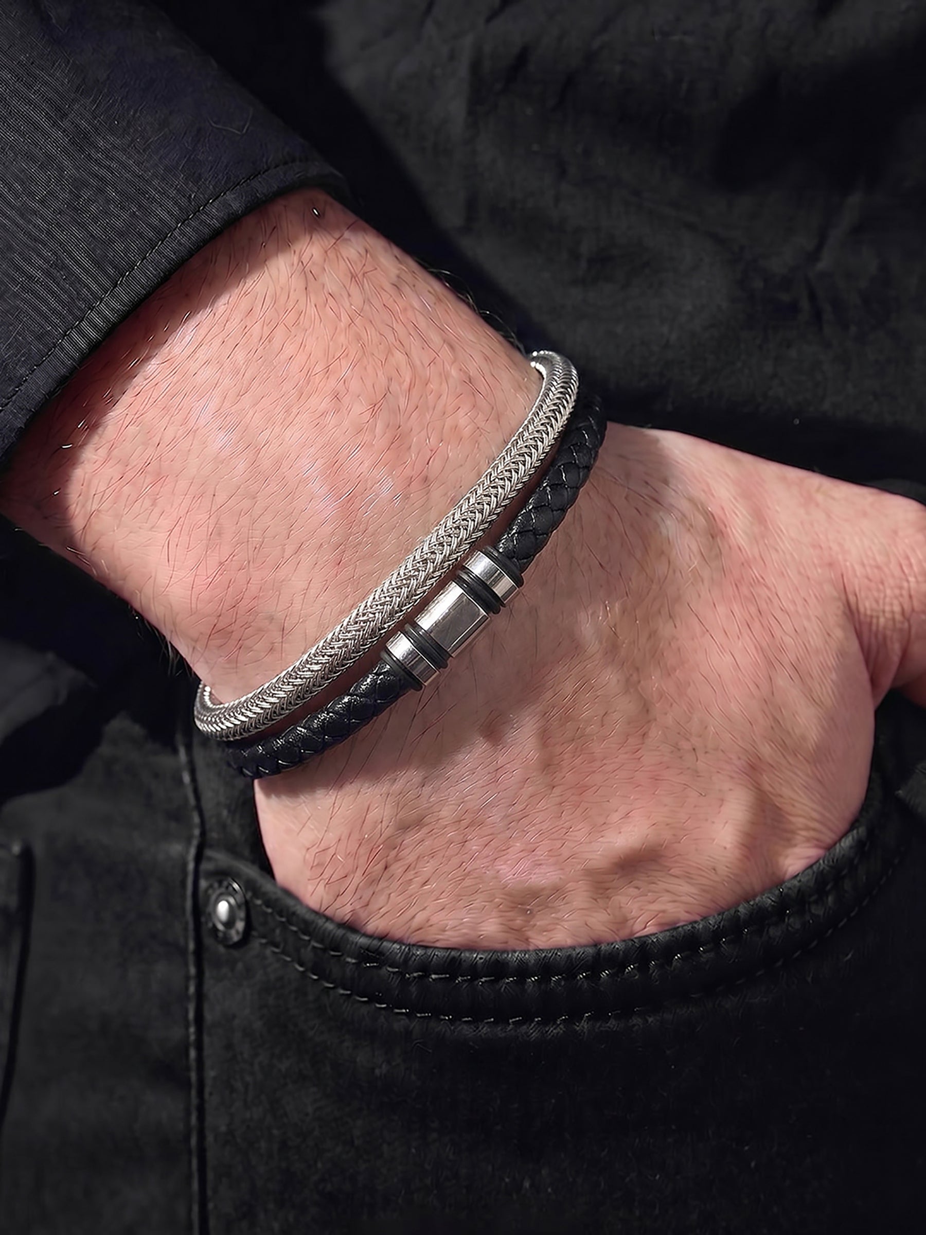 Zayric Beads Men's Layered Black -Silver Dual Tone Leather Bracelet