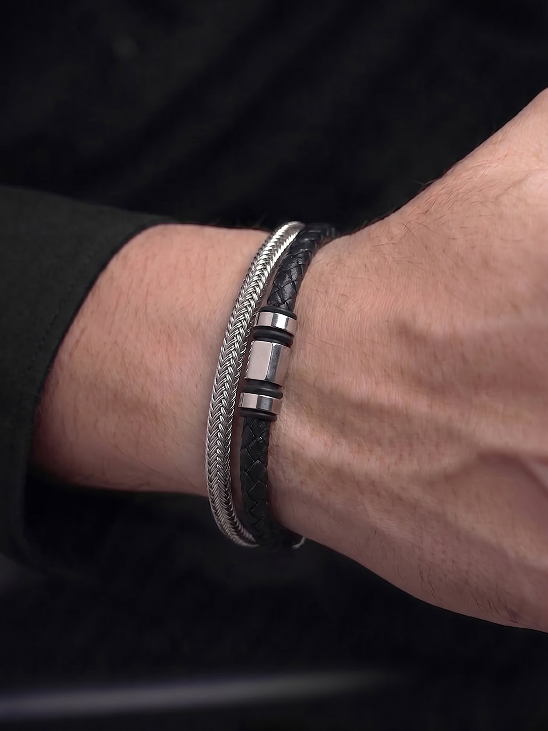 Zayric Beads Men's Layered Black -Silver Dual Tone Leather Bracelet