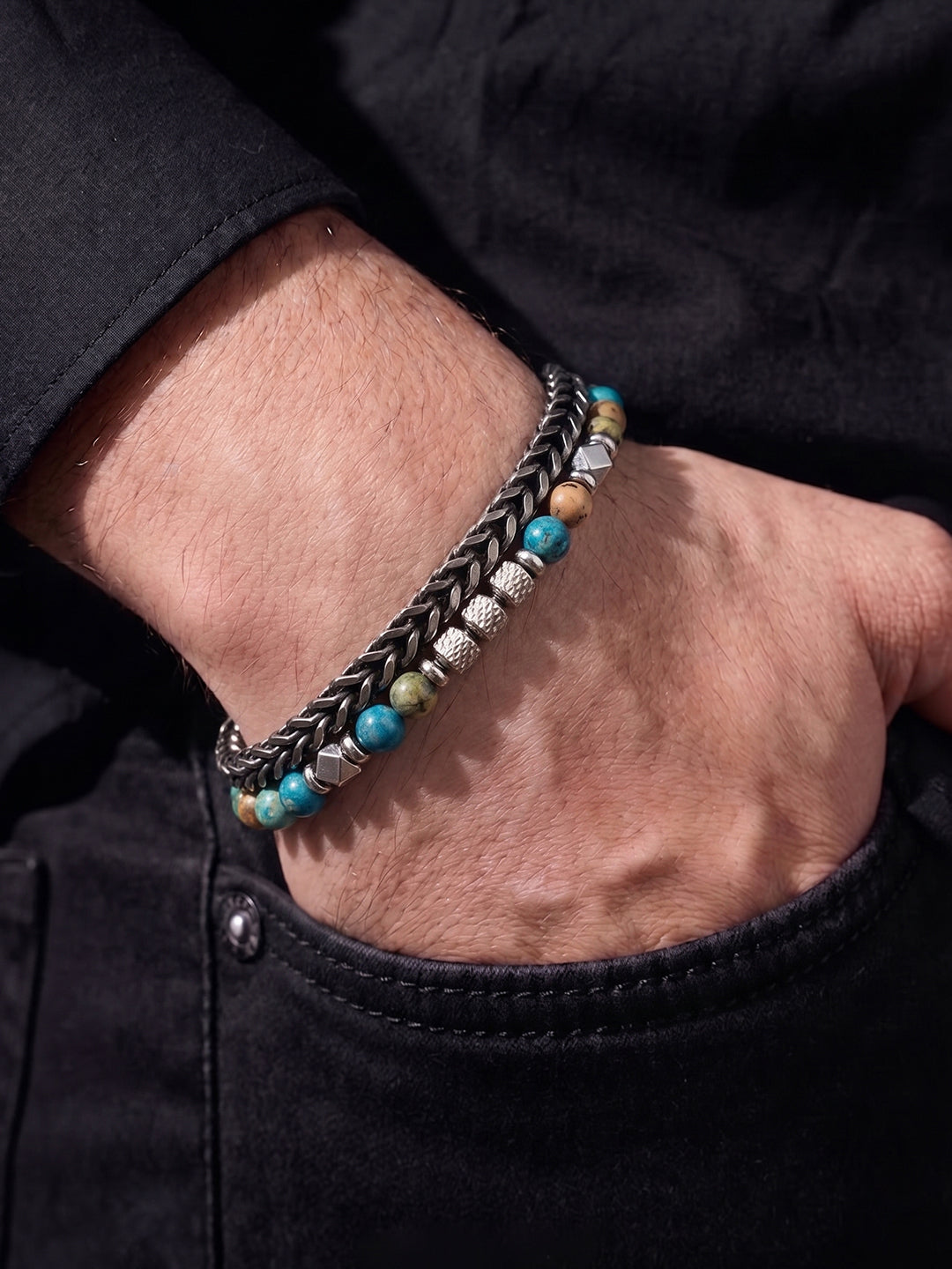 Zayron Beaded Black-Silver Men’s Chain Bracelet - Swashaa