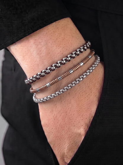 Zevoria Round Box Link Chain Brown - Silver Men's Loose Chain Bracelet Set