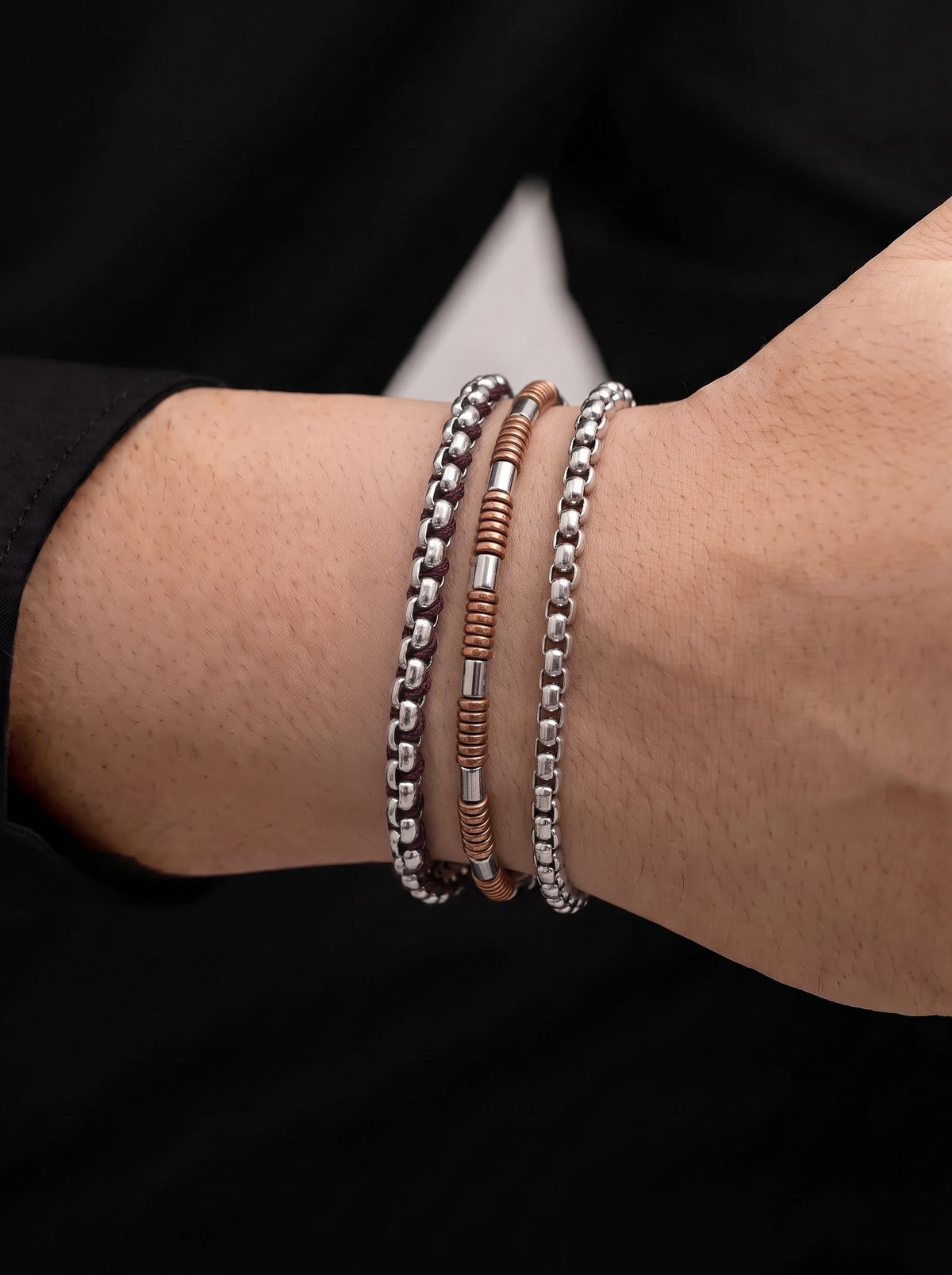 Zevoria Round Box Link Chain Brown - Silver Men's Loose Chain Bracelet Set