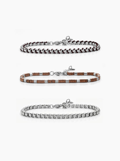 Zevoria Round Box Link Chain Brown - Silver Men's Loose Chain Bracelet Set