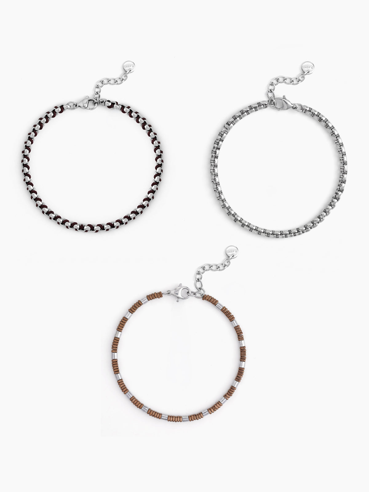 Zevoria Round Box Link Chain Brown - Silver Men's Loose Chain Bracelet Set