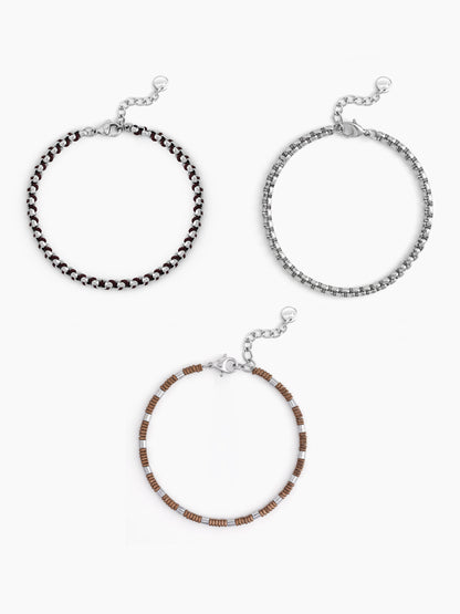 Zevoria Round Box Link Chain Brown - Silver Men's Loose Chain Bracelet Set