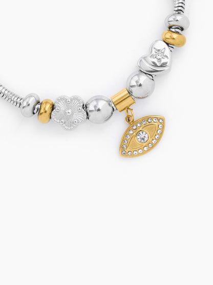 Ziaa Dangling Two-tone Flower Heart Evil Eye Charm Beads Rope Loose Bracelet