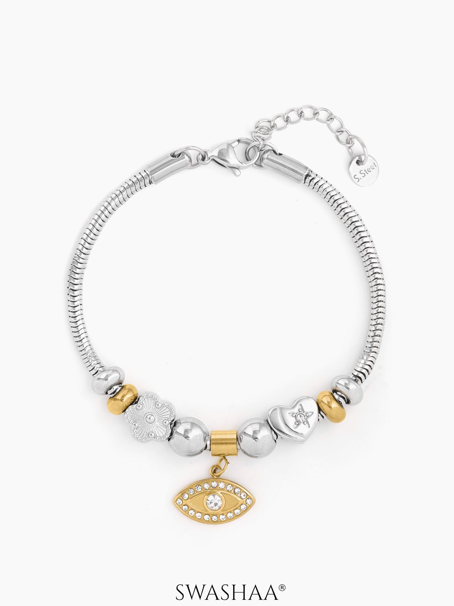 Ziaa Dangling Two-tone Flower Heart Evil Eye Charm Beads Rope Loose Bracelet