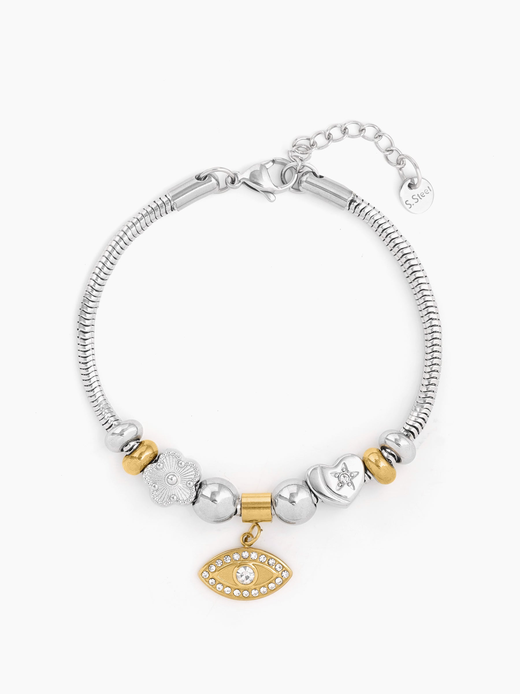 Ziaa Dangling Two-tone Flower Heart Evil Eye Charm Beads Rope Loose Bracelet