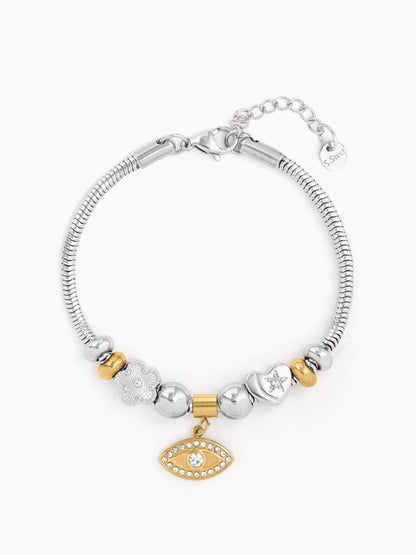 Ziaa Dangling Two-tone Flower Heart Evil Eye Charm Beads Rope Loose Bracelet