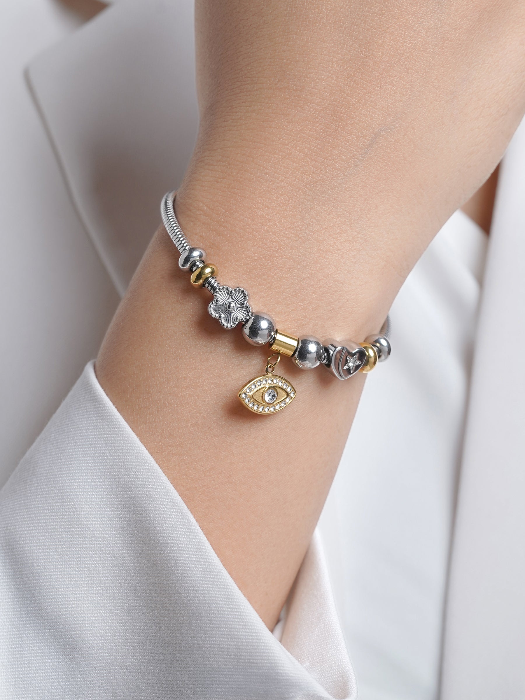 Ziaa Dangling Two-tone Flower Heart Evil Eye Charm Beads Rope Loose Bracelet