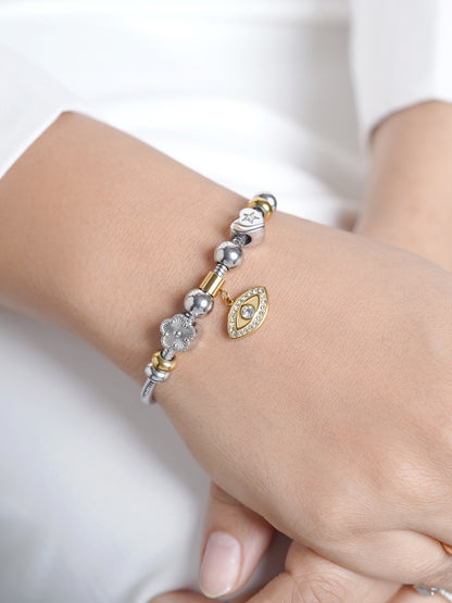 Ziaa Dangling Two-tone Flower Heart Evil Eye Charm Beads Rope Loose Bracelet