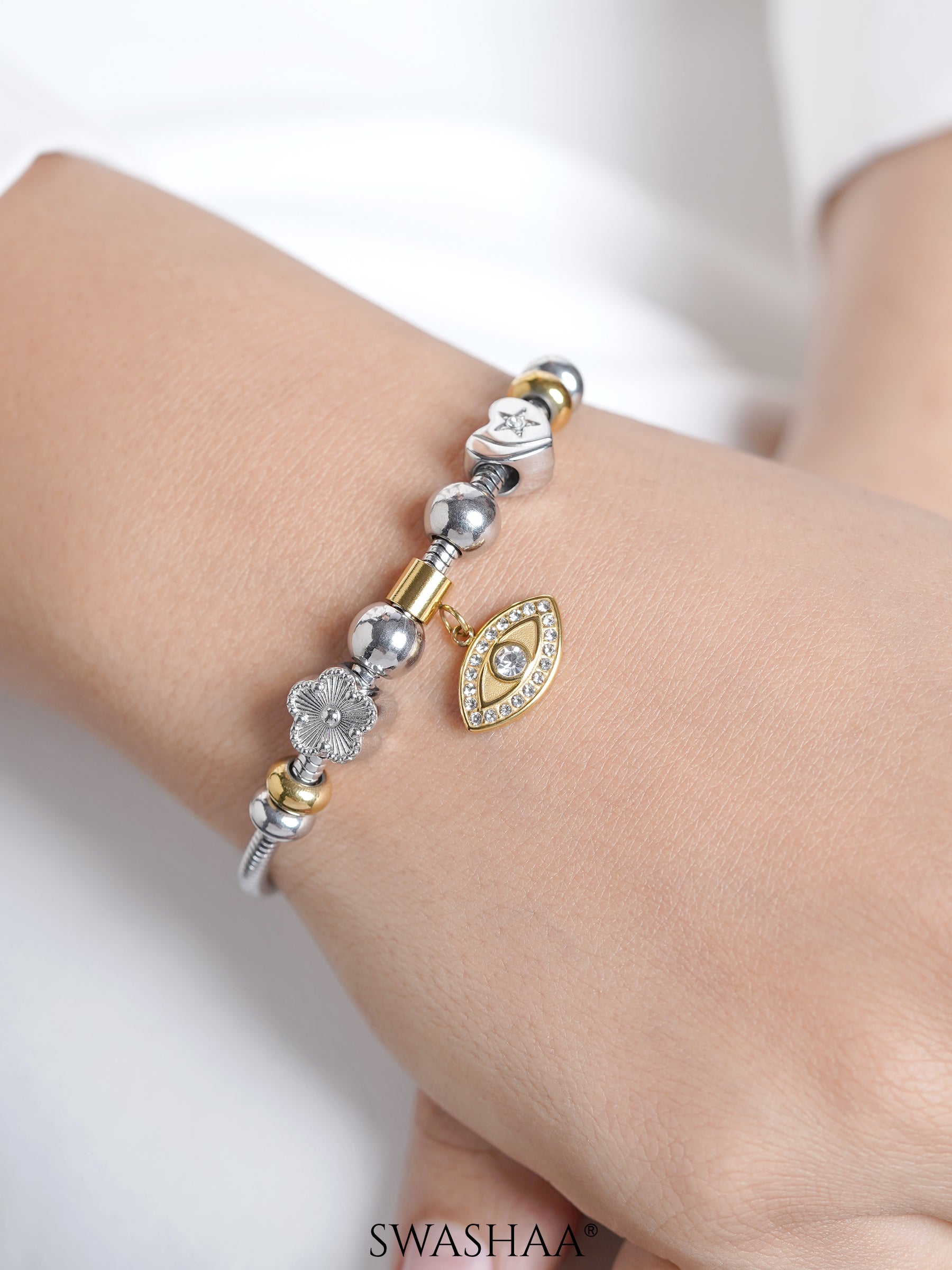 Ziaa Dangling Two-tone Flower Heart Evil Eye Charm Beads Rope Loose Bracelet