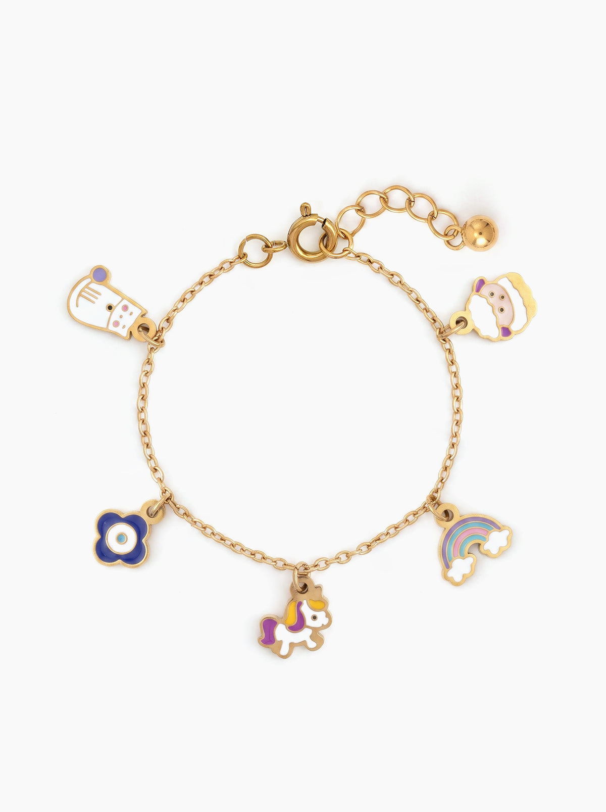 Ziggy Zoo Unicorn,kitty, Cat,Ship,Evil Eye,Clover, Rainbow Charms 18K Gold Plated Kid's Bracelets