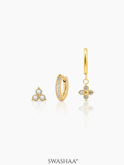 Zinia Diamond Floral Drop Charm 18K Gold Plated Earrings Set