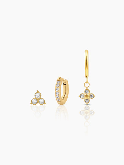 Zinia Diamond Floral Drop Charm 18K Gold Plated Earrings Set