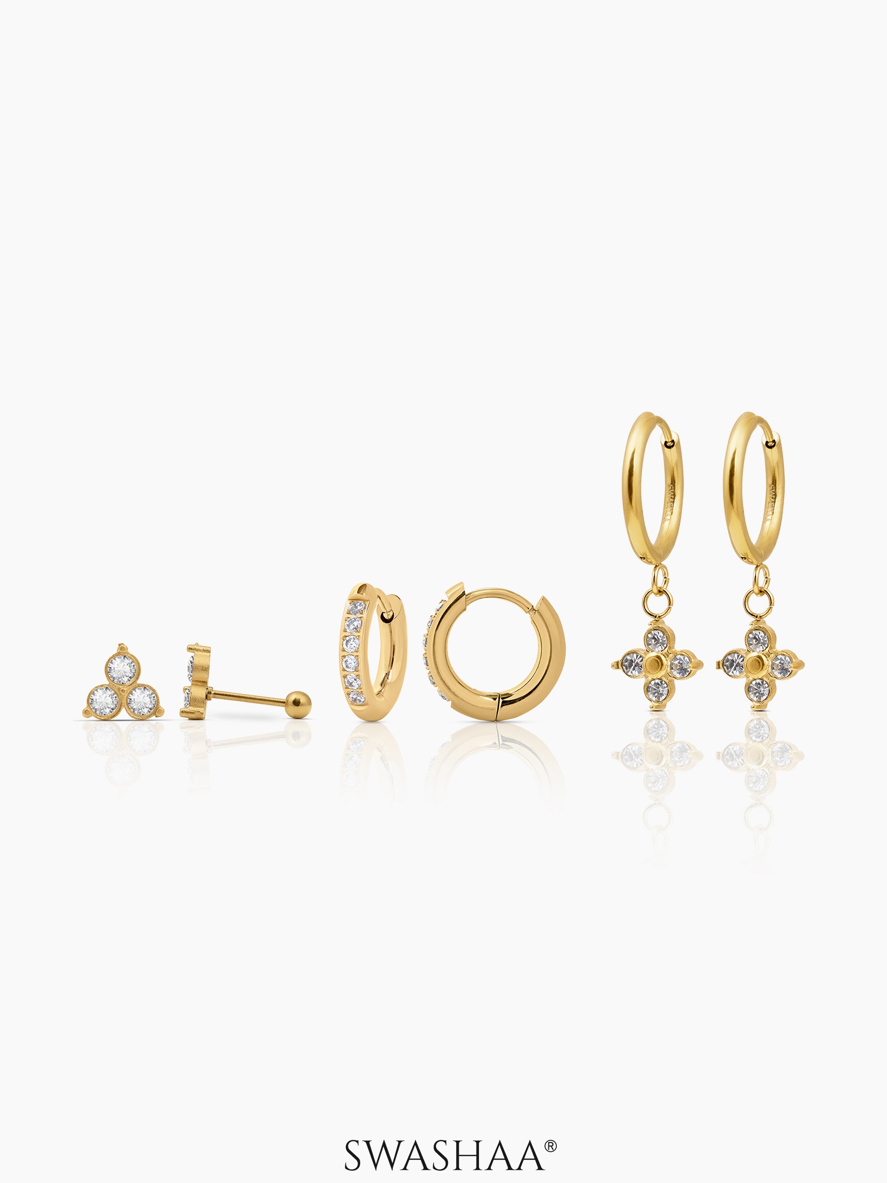 Zinia Diamond Floral Drop Charm 18K Gold Plated Earrings Set