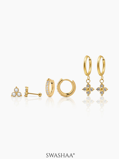 Zinia Diamond Floral Drop Charm 18K Gold Plated Earrings Set