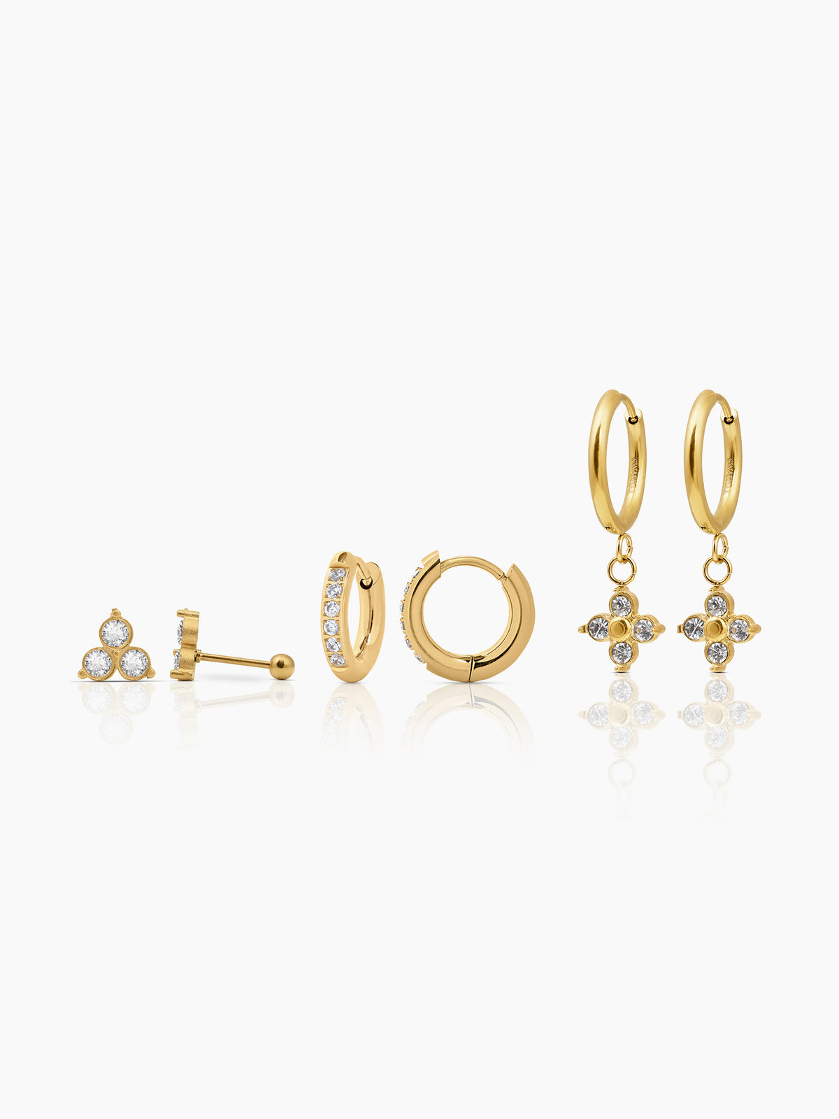 Zinia Diamond Floral Drop Charm 18K Gold Plated Earrings Set