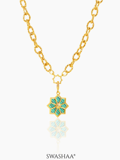 Zinnia Green Jade Blossom Charm 18K Gold Plated Chain Pendant Necklace