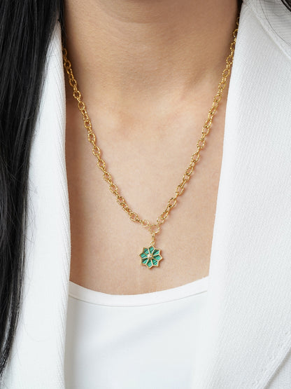 Zinnia Green Jade Blossom Charm 18K Gold Plated Chain Pendant Necklace
