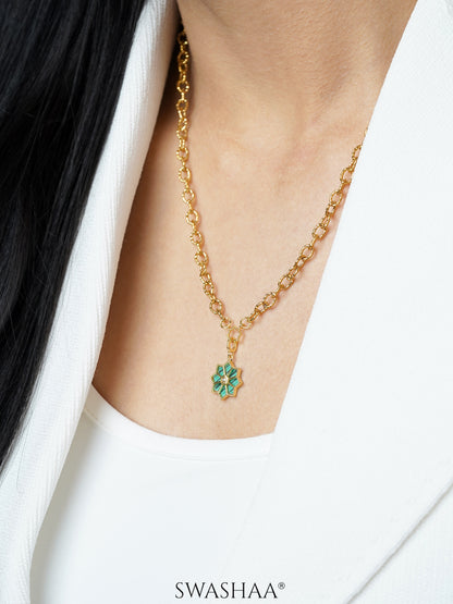 Zinnia Green Jade Blossom Charm 18K Gold Plated Chain Pendant Necklace