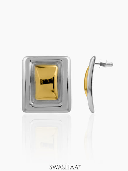 Zohra Square Frame Two Tone 18K Gold Plated Stud Earrings