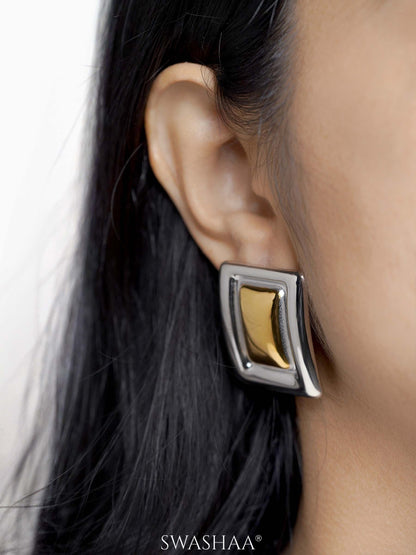 Zohra Square Frame Two Tone 18K Gold Plated Stud Earrings
