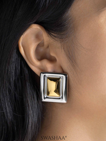 Zohra Square Frame Two Tone 18K Gold Plated Stud Earrings
