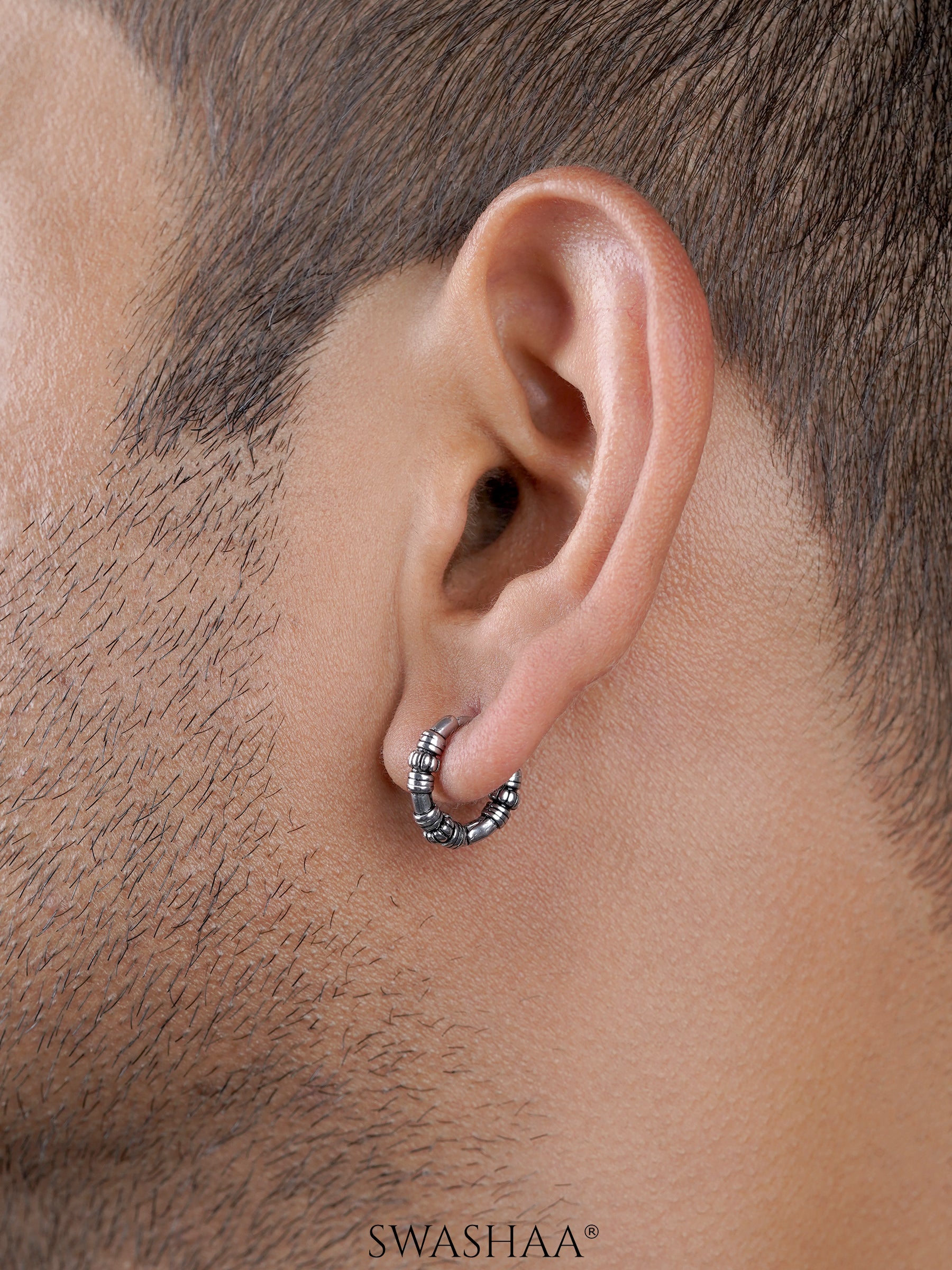 Zorik Tribal Textured Silver Men's Hoop Earrings