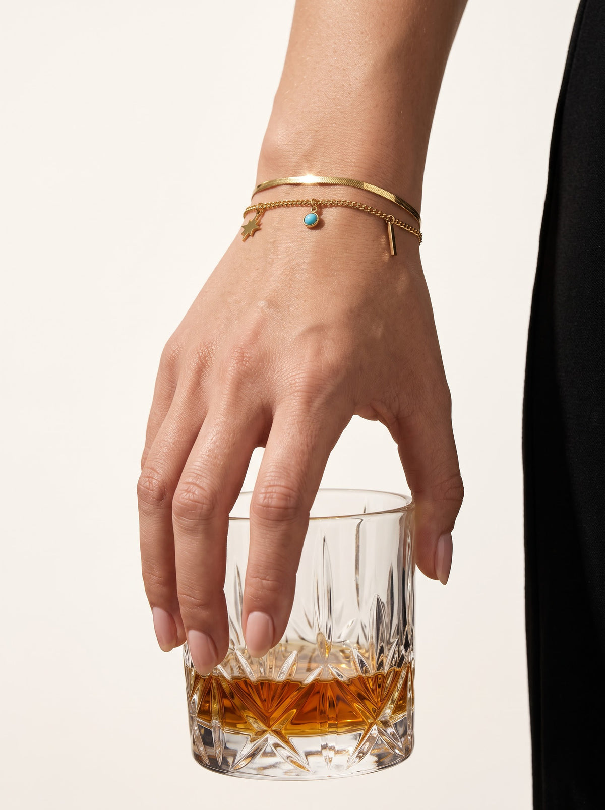 Zoya Star Dangling Turquoise Beads Charms 18K Gold Plated Layered Snake Chain Loose Bracelet