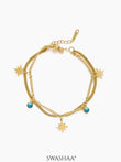 Zoya Star Dangling Turquoise Beads Charms 18K Gold Plated Layered Snake Chain Loose Bracelet
