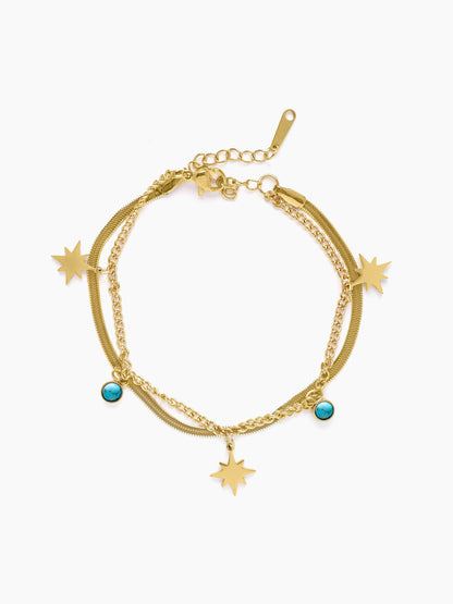 Zoya Star Dangling Turquoise Beads Charms 18K Gold Plated Layered Snake Chain Loose Bracelet