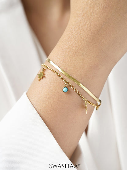 Zoya Star Dangling Turquoise Beads Charms 18K Gold Plated Layered Snake Chain Loose Bracelet