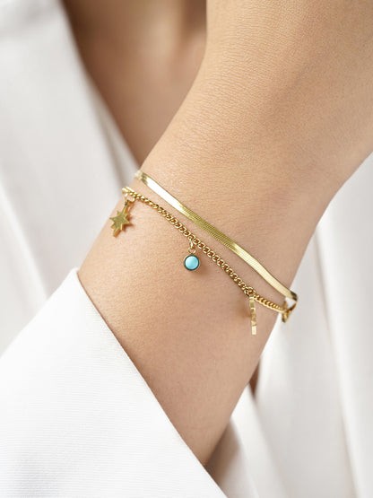 Zoya Star Dangling Turquoise Beads Charms 18K Gold Plated Layered Snake Chain Loose Bracelet
