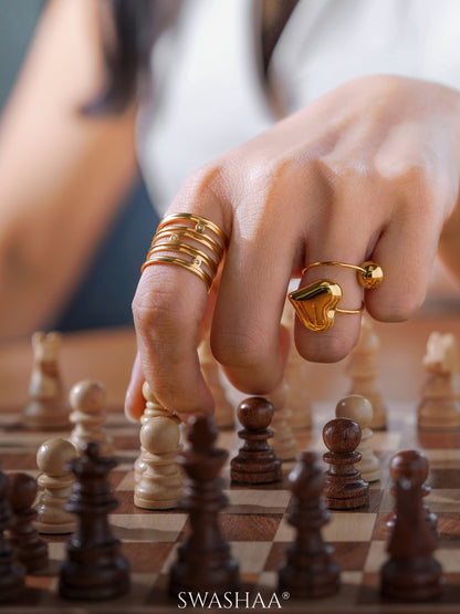 Orlyn Wide Cage Silhouette Diamond Ring, Reemi Puffed Glossy Heart Charm Round Bead 18K Gold Plated Ring